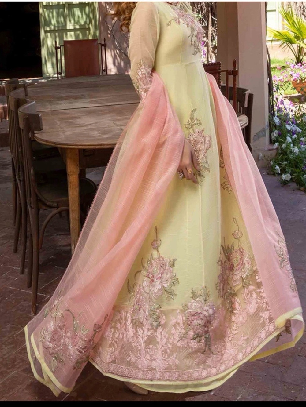 Elegant Pastel Yellow & Pink Embroidered Women's Dress